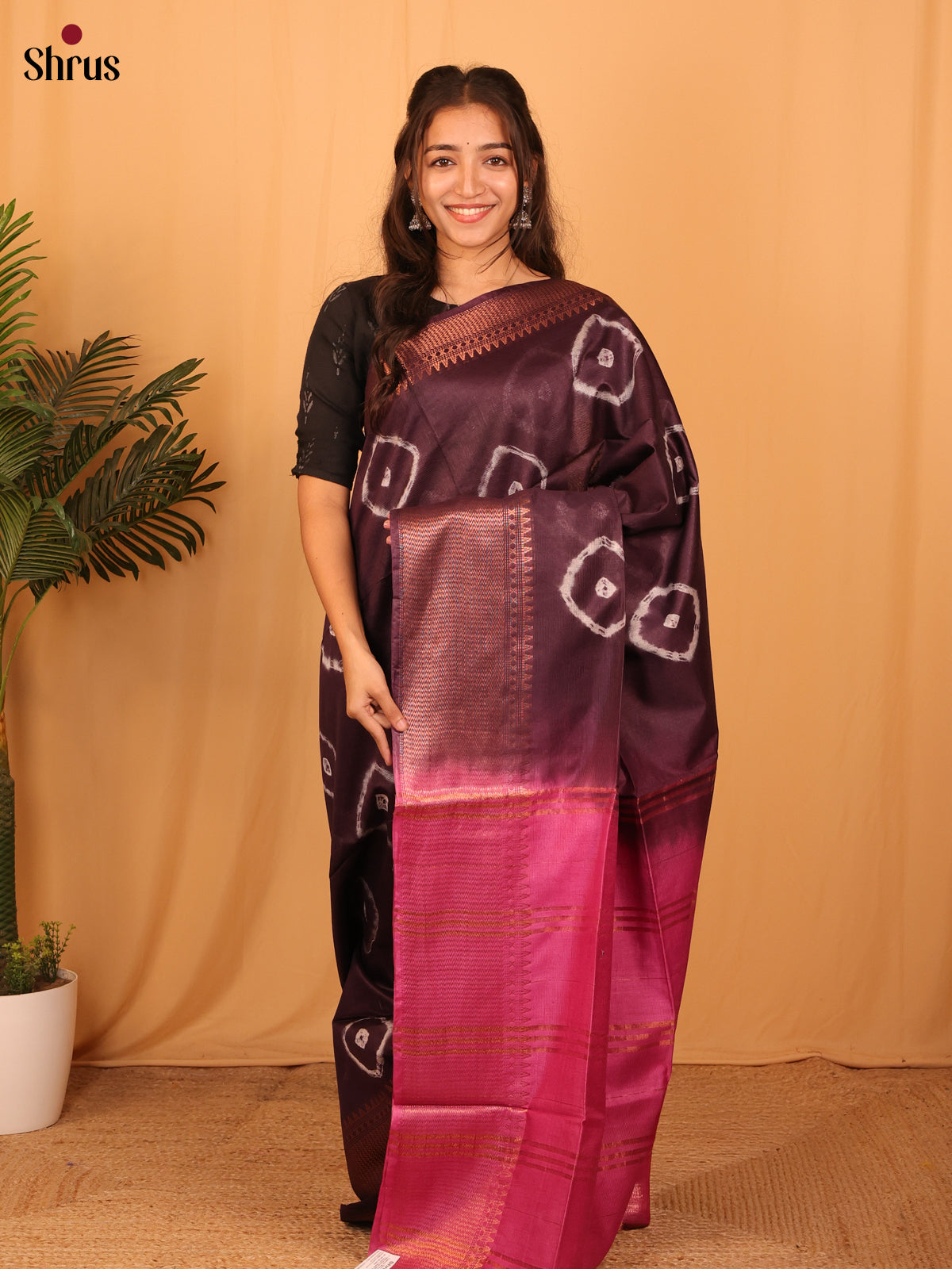 Dark Purple & Pink - Shibori Saree - Shop on Shrus.com