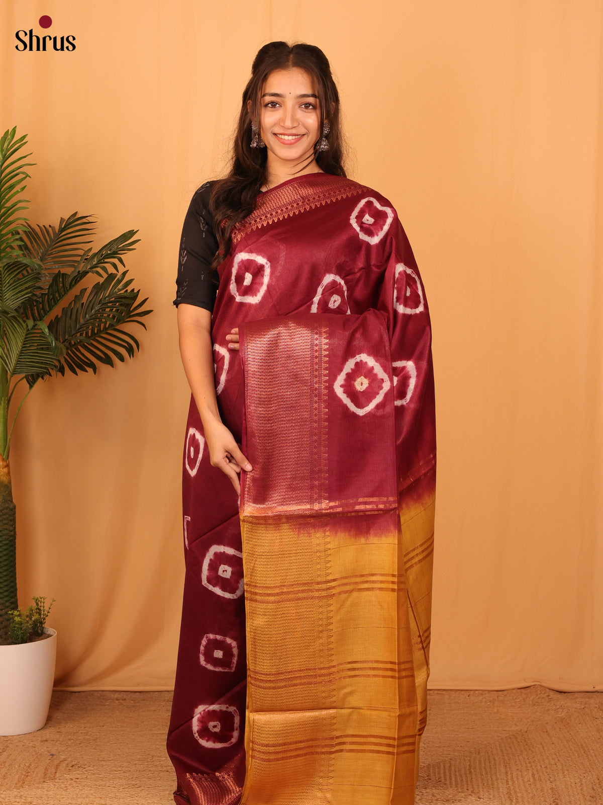 Maroon & Mustard - Shibori Saree - Shop on Shrus.com
