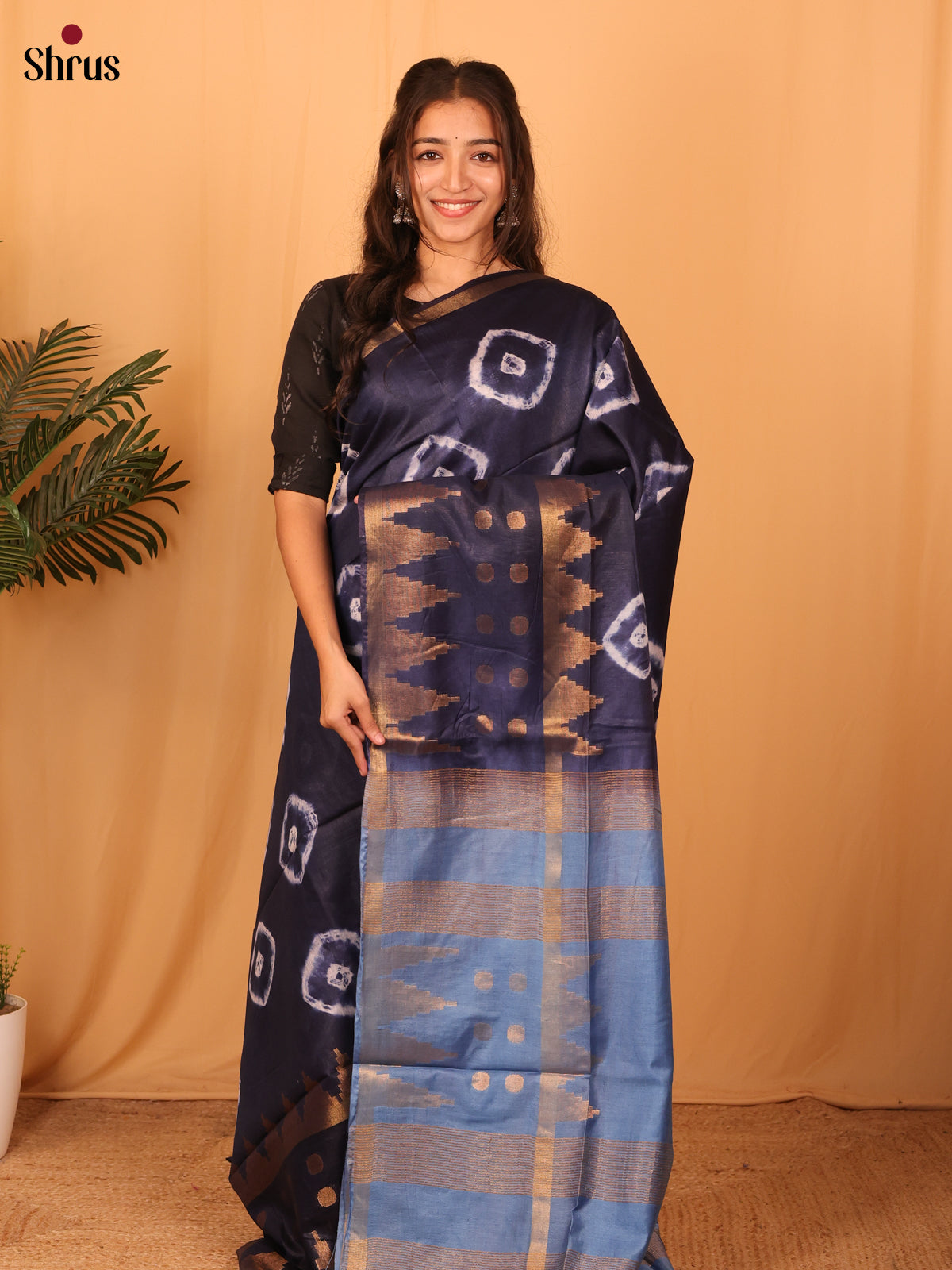 Navy Blue & blue - Shibori Saree - Shop on Shrus.com