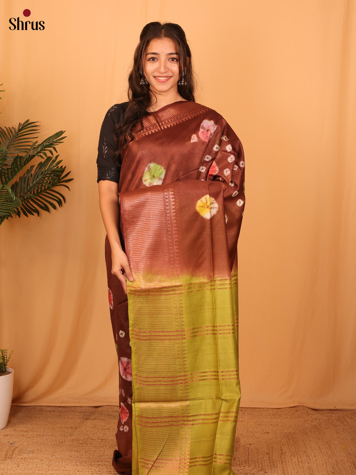 Brown & Green - Shibori Saree - Shop on Shrus.com