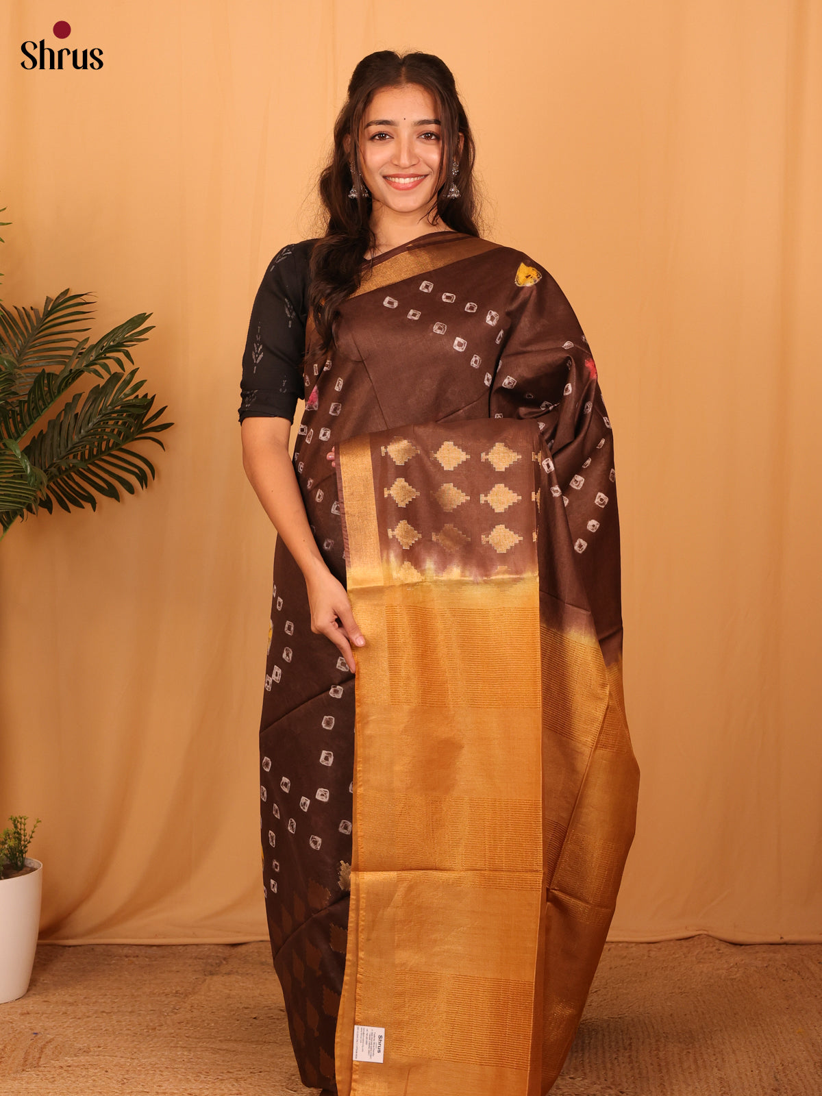 Brown & Beige - Shibori Saree - Shop on Shrus.com