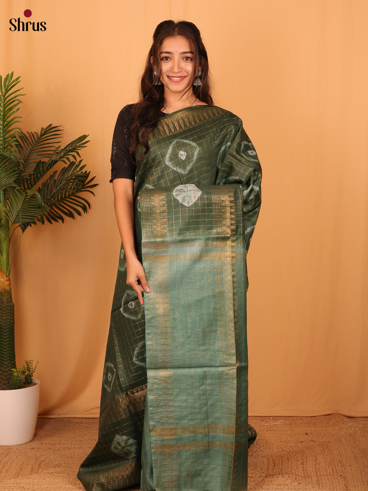 Green & Grey Green- Shibori Saree - Shop on Shrus.com