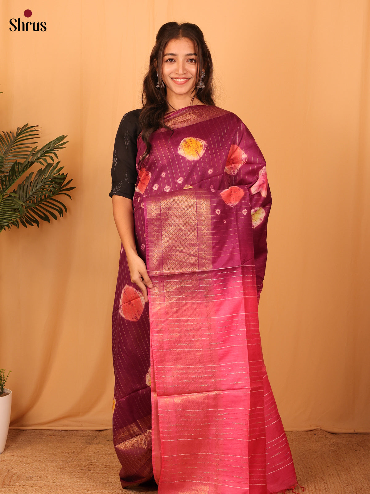 Purple & Pink- Shibori Saree - Shop on Shrus.com