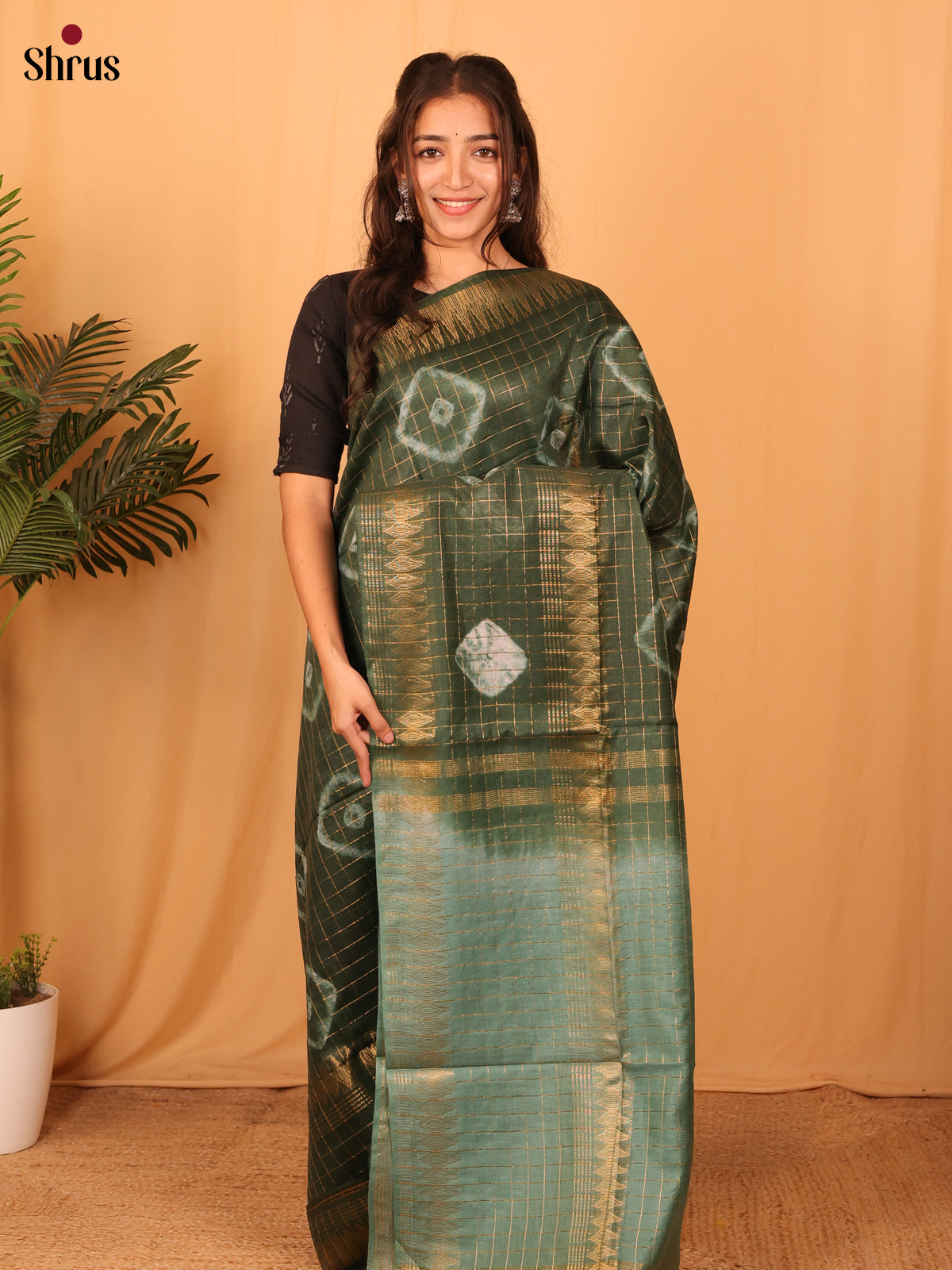 Green & Grey Green - Shibori Saree - Shop on Shrus.com