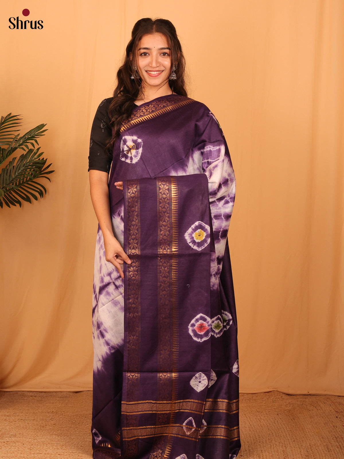 Cream & Violet- Shibori Saree - Shop on Shrus.com