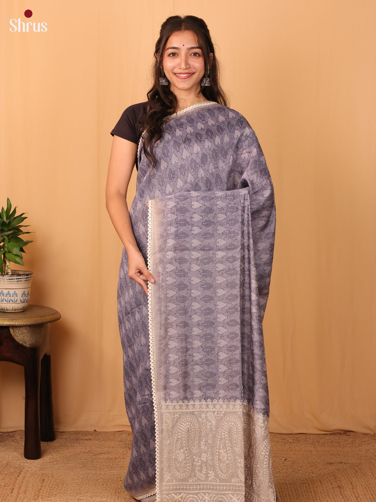 Mild Purple & Grey - Semi Kantha Saree - Shop on Shrus.com