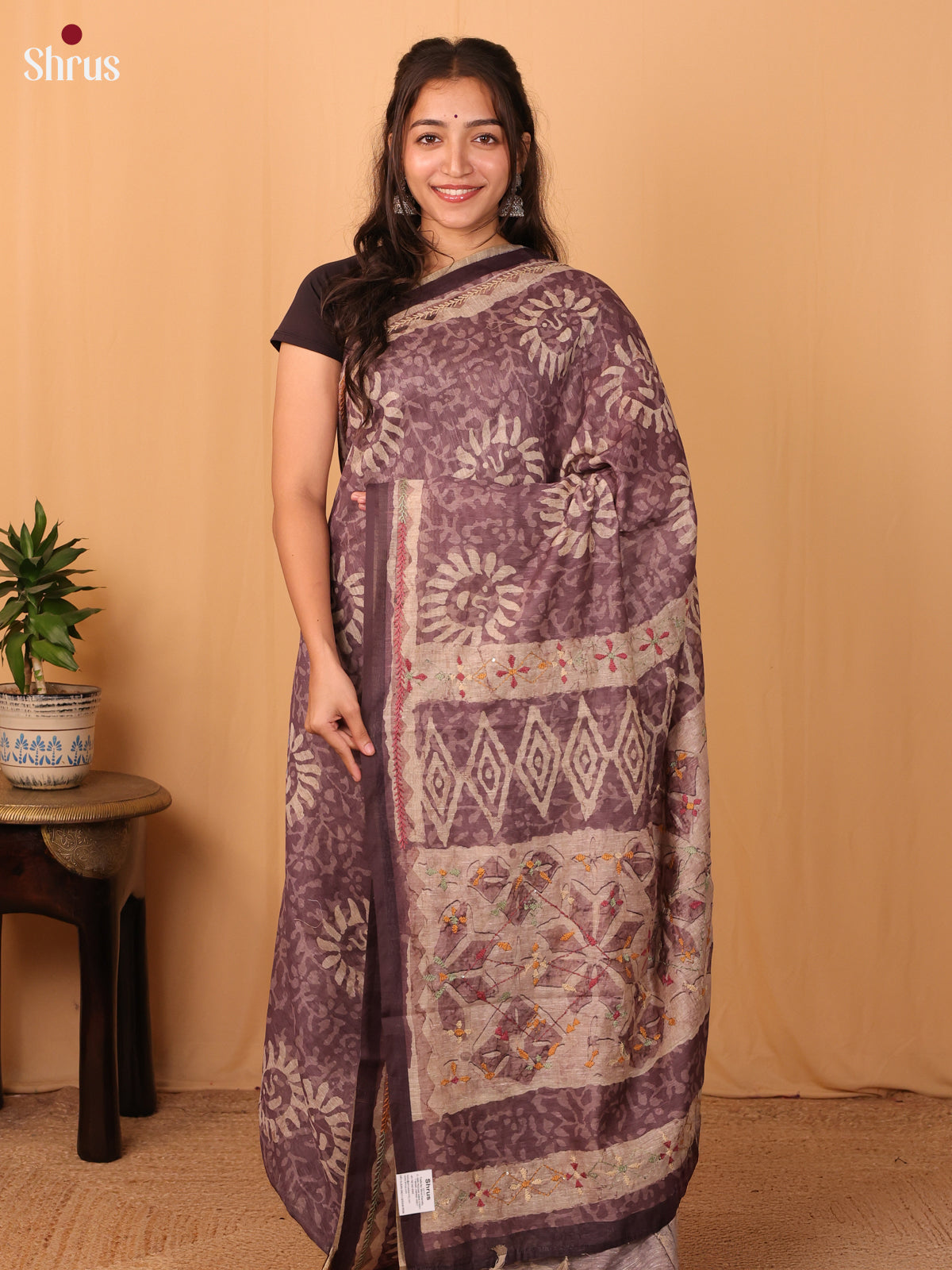 Purple - Semi Kantha Saree - Shop on Shrus.com