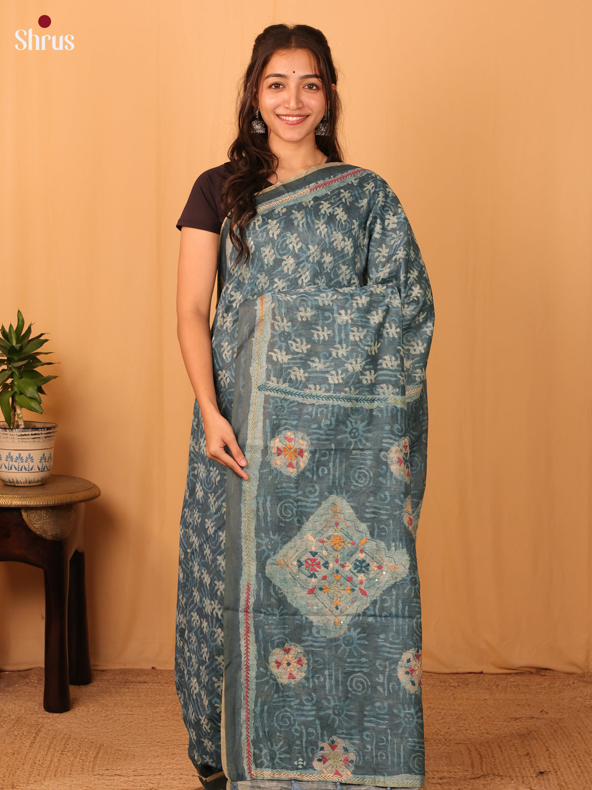 Blue - Semi Kantha Saree - Shop on Shrus.com