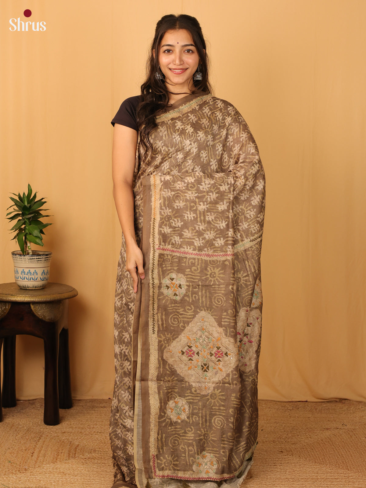 Grey - Semi Kantha Saree - Shop on Shrus.com