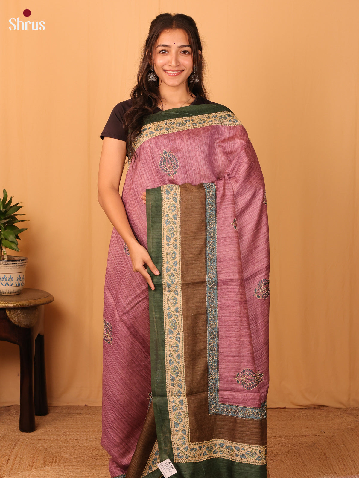 Pink & Green - Semi Kantha Saree - Shop on Shrus.com