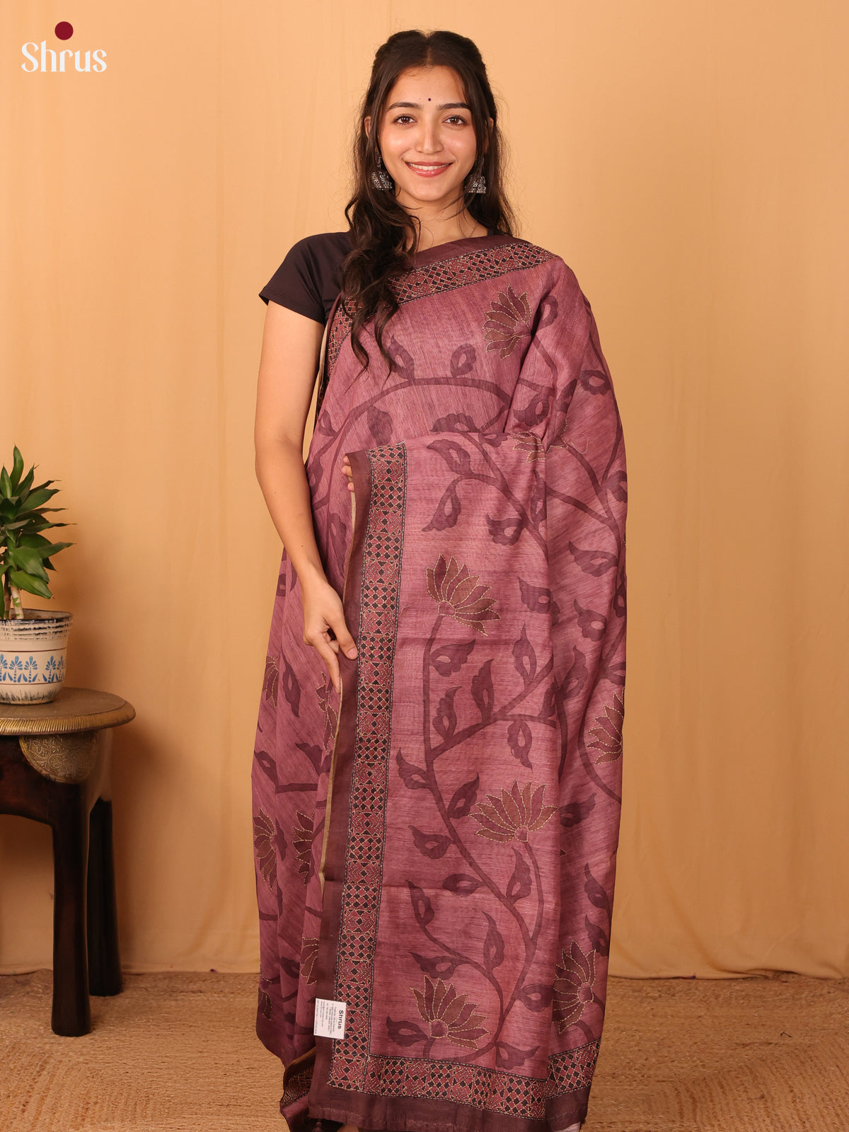 Onion Pink - Semi Kantha Saree - Shop on Shrus.com