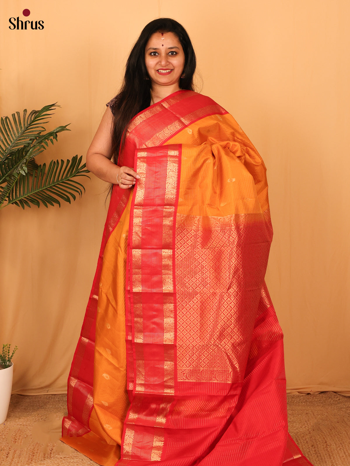 Chic Mustard and Maroon Kanchipuram silk Saree With Stripes and Zari Woven Buttas-1