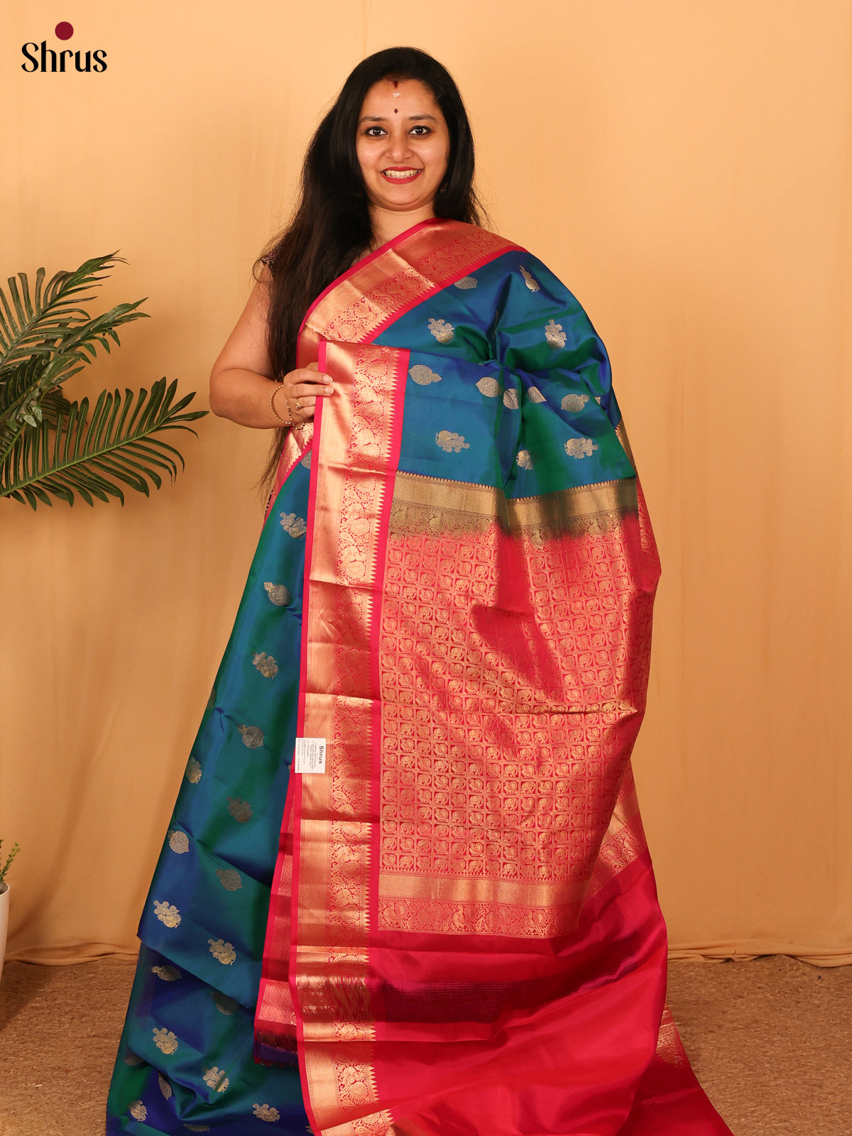 Peacock Blue & Red - Kanchipuram silk Saree - Shop on Shrus.com
