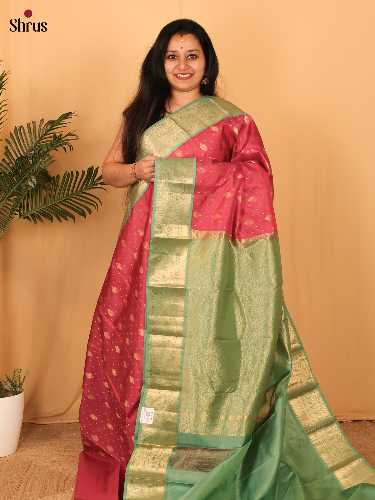 Light Red & Green - Kanchipuram silk Saree - Shop on Shrus.com