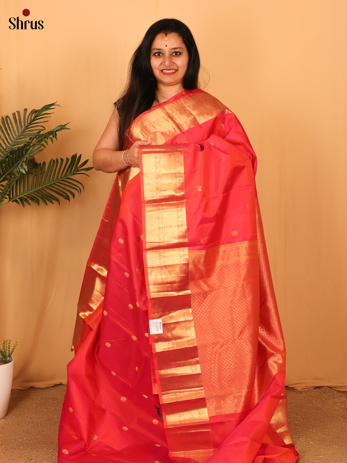 Orangish Pink(single Tone)- Kanchipuram silk Saree - Shop on Shrus.com