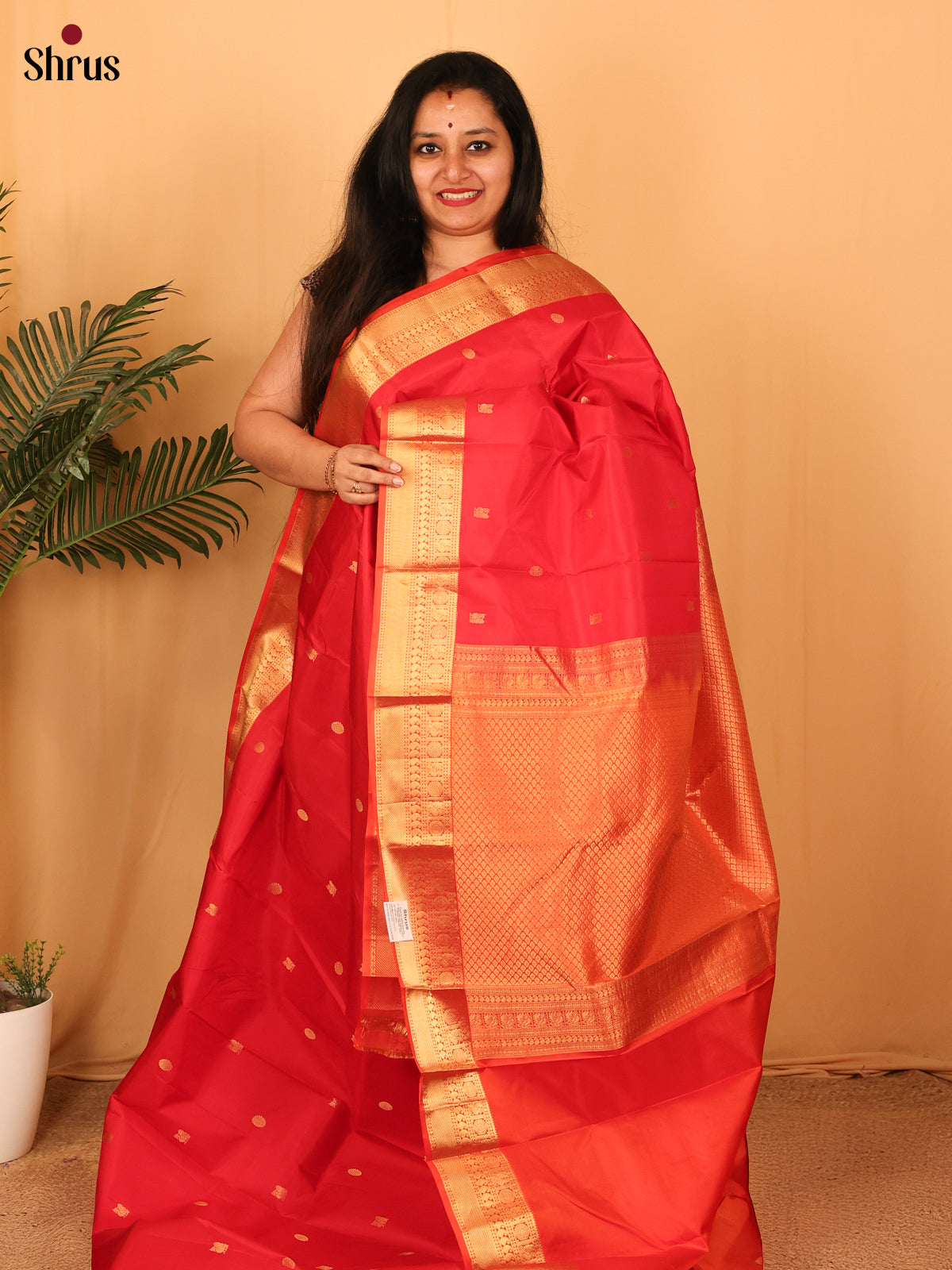 Red & Orange- Kanchipuram silk Saree - Shop on Shrus.com