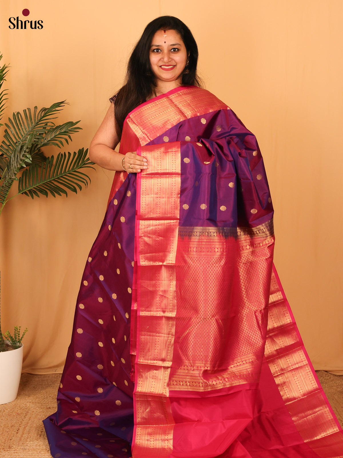Purple & Pink- Kanchipuram silk Saree - Shop on Shrus.com