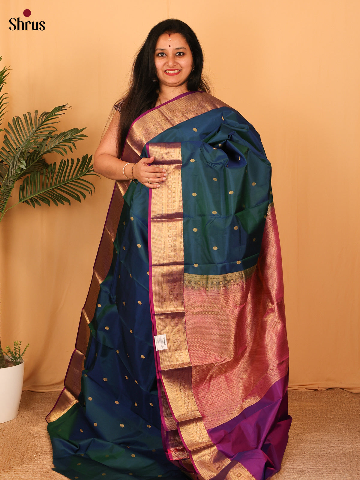 Peacock Blue & Purple - Kanchipuram silk Saree - Shop on Shrus.com