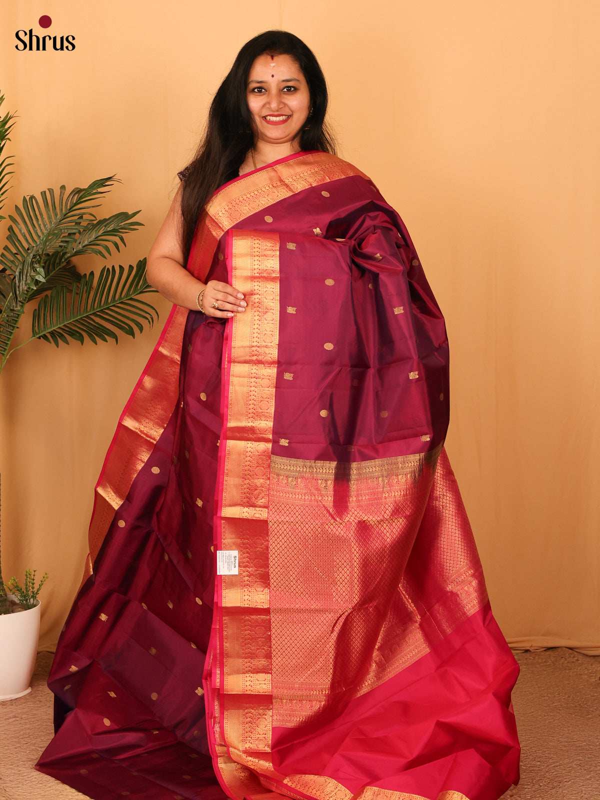 Purple Wine & Pink - Kanchipuram silk Saree - Shop on Shrus.com