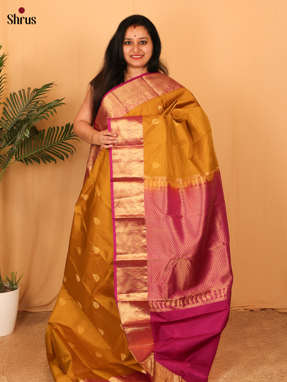 Mustard & Purple - Kanchipuram silk Saree - Shop on Shrus.com