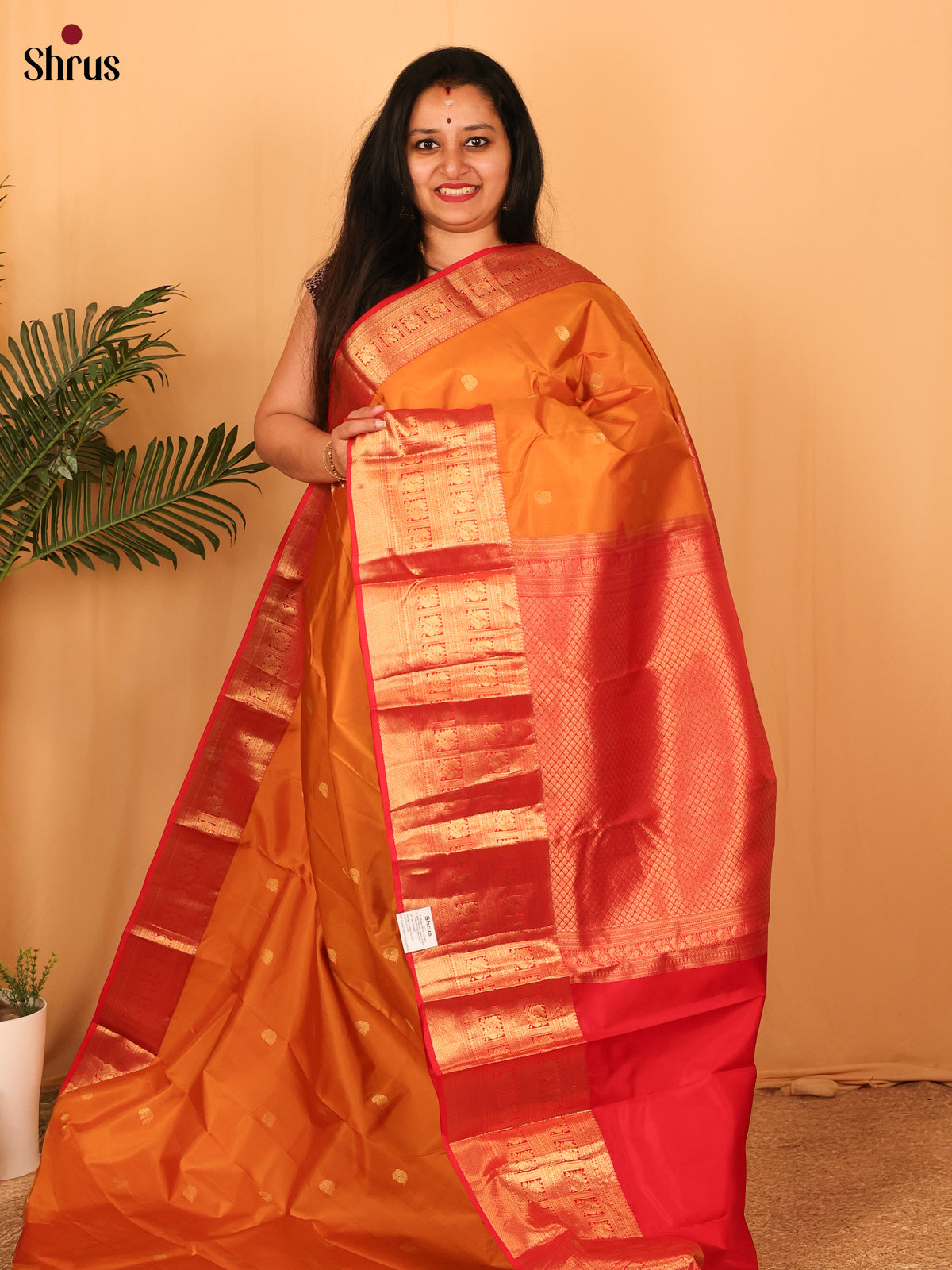 Pretty Orange and Red Authentic Kanchipuram silk Saree Featuring Zari Woven Buttas - Shop on Shrus.com