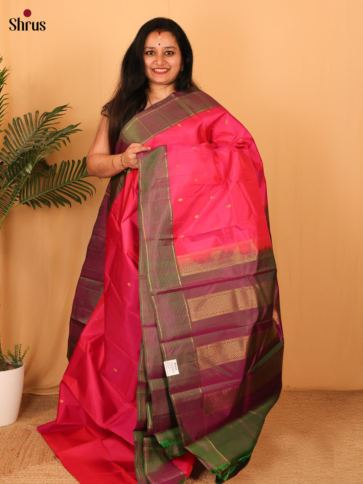 Pink Green Semi Silk Saree