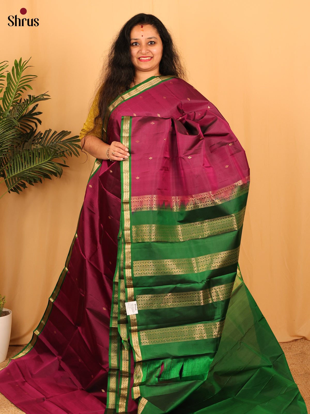 Wine & Green - Kanchipuram silk Saree - Shop on Shrus.com
