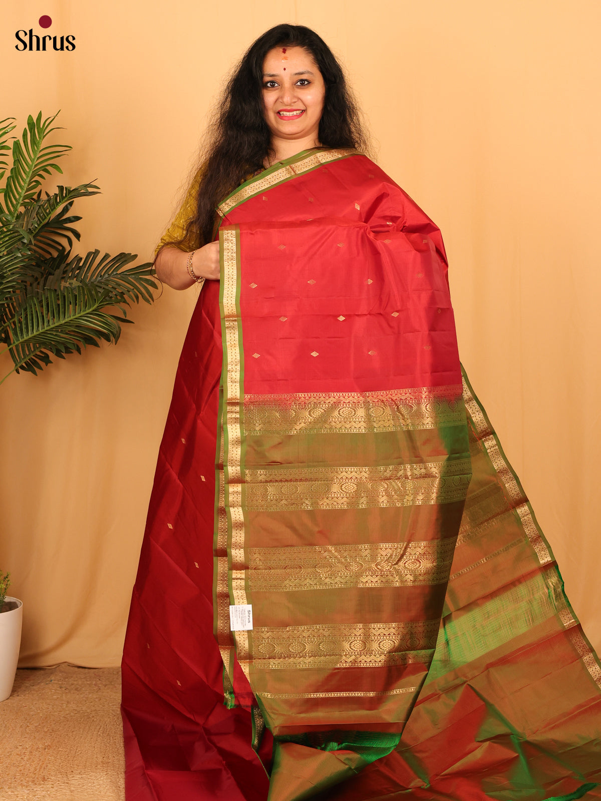 Maroon & Green- Kanchipuram silk Saree - Shop on Shrus.com