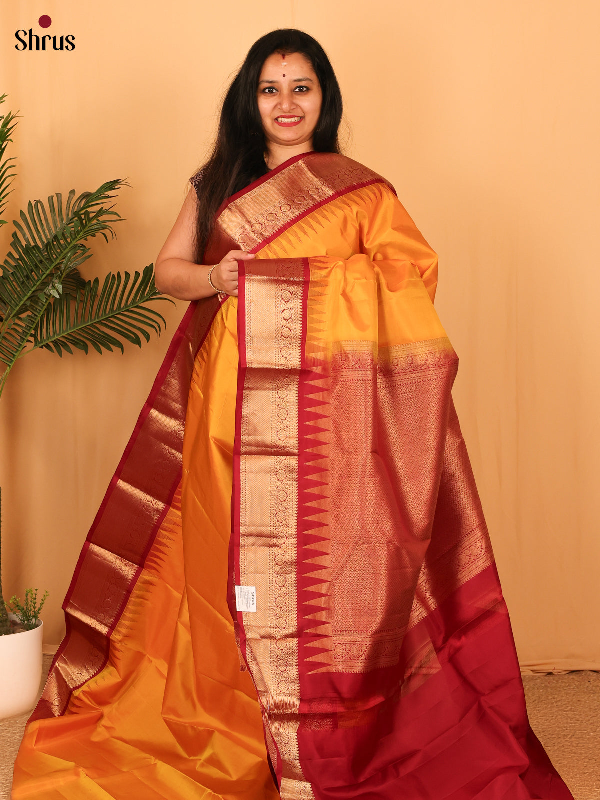 Mustard & Maroon - Kanchipuram silk Saree - Shop on Shrus.com