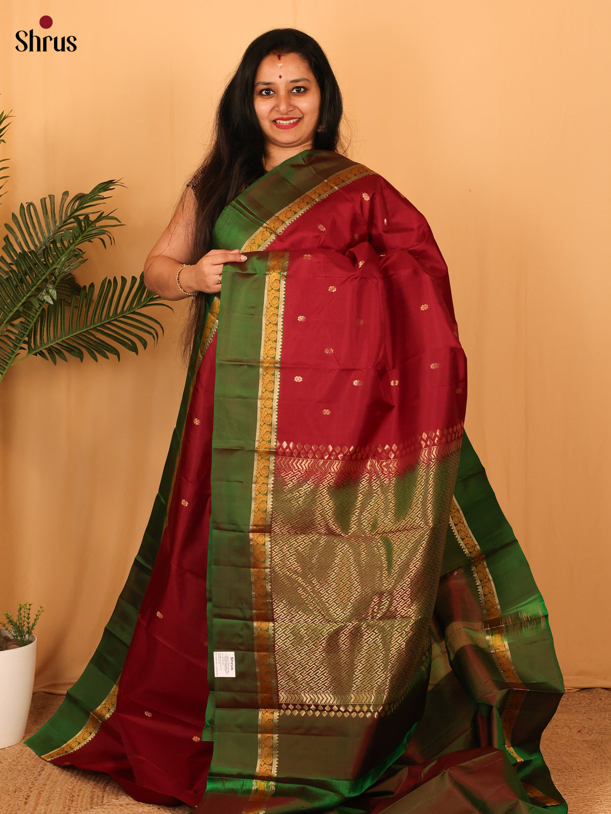 Maroon & Green - Kanchipuram silk Saree - Shop on Shrus.com