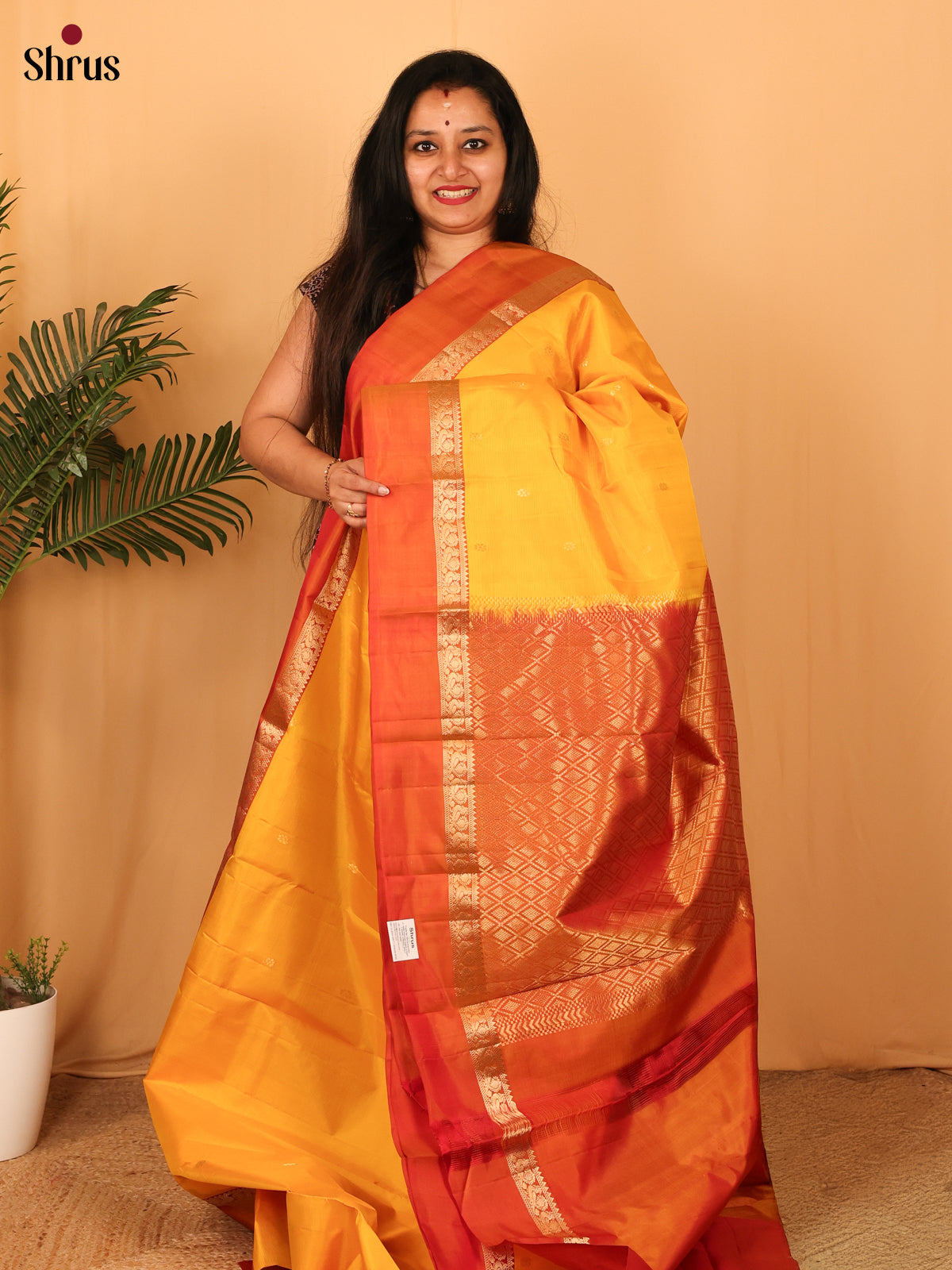Yellow & Orange - Kanchipuram silk Saree - Shop on Shrus.com