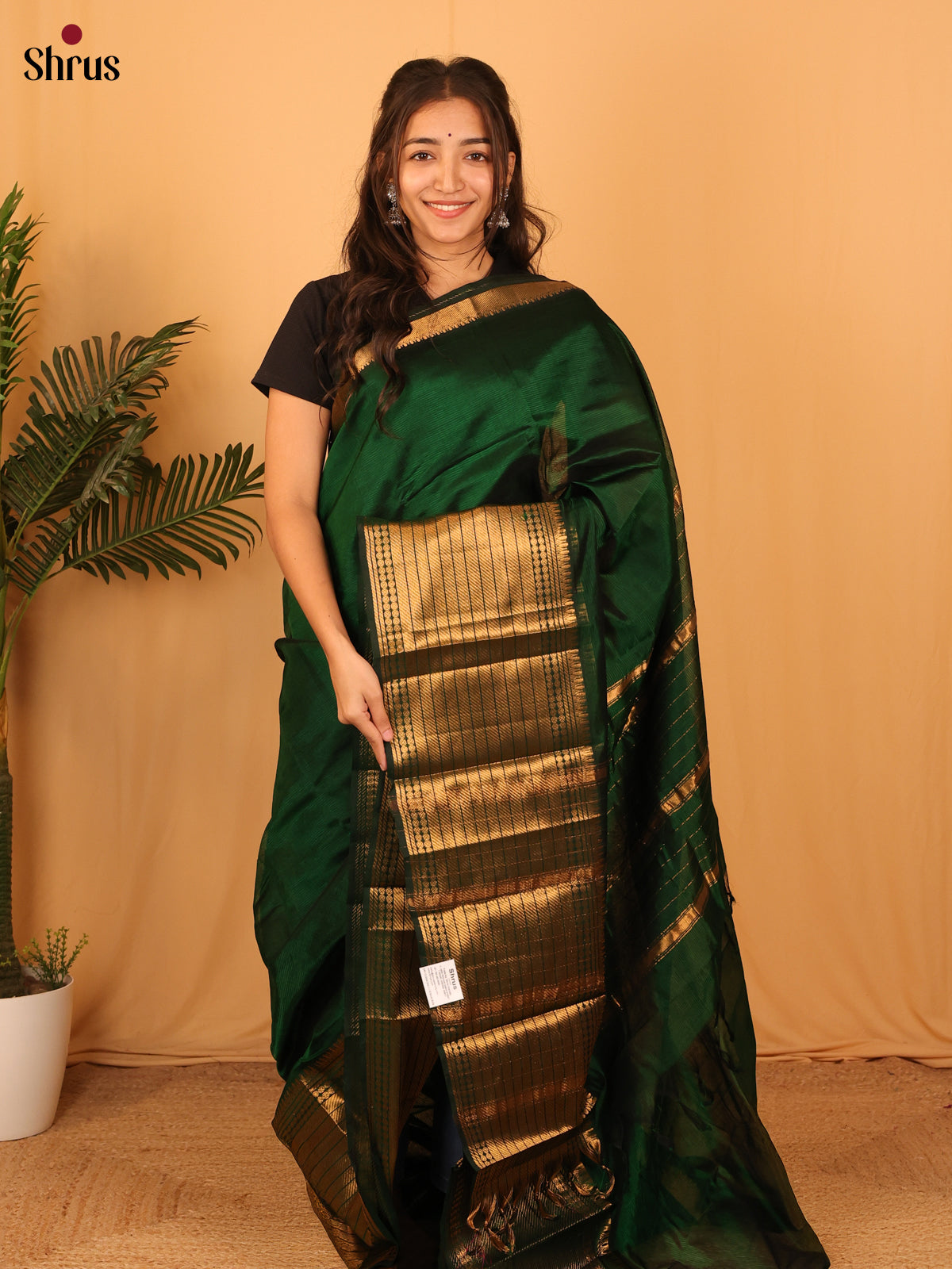 Green(Single Tone) - Mangalagiri silkcotton Saree with Gold Zari Border - Shop on Shrus.com
