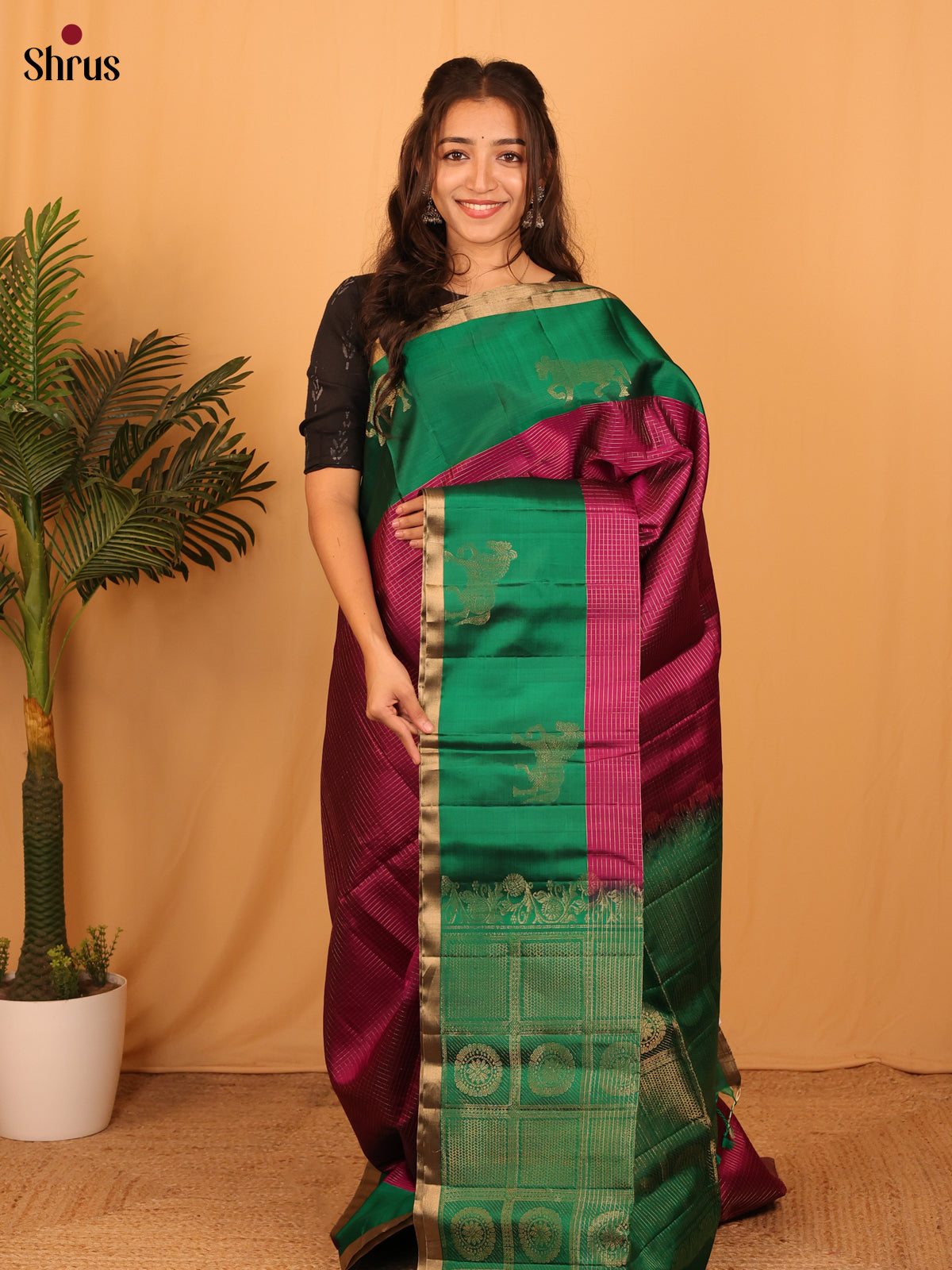 Maroon & Green - Soft Silk Saree - Shop on Shrus.com