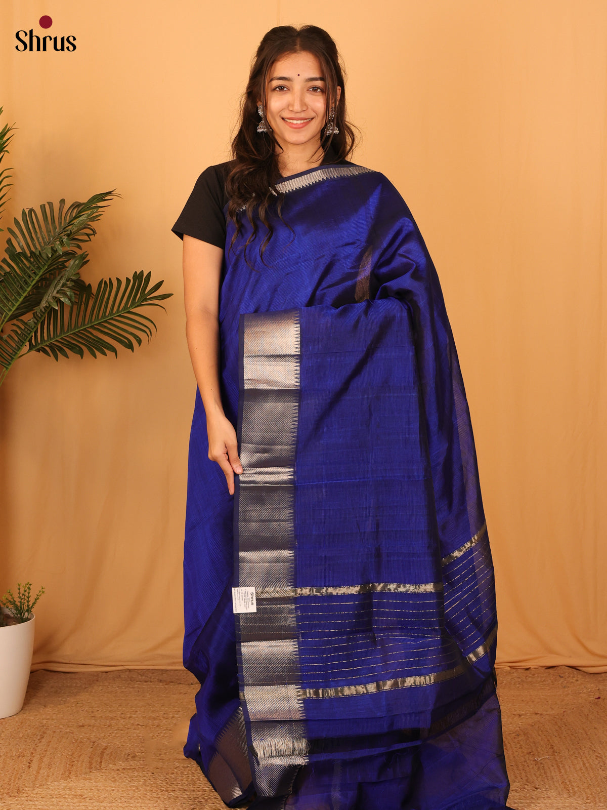 Blue(Single Tone) - Mangalagiri silkcotton Saree with silver Zari Border - Shop on Shrus.com
