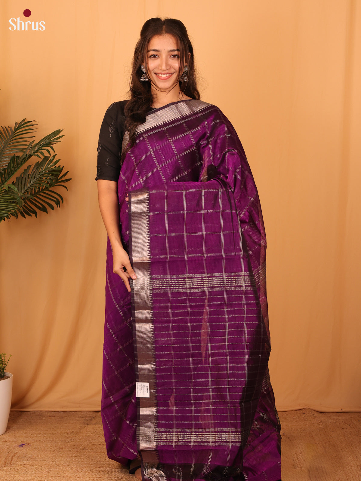 Purple(Single Tone) - Mangalagiri silkcotton Saree with SilverZari border - Shop on Shrus.com