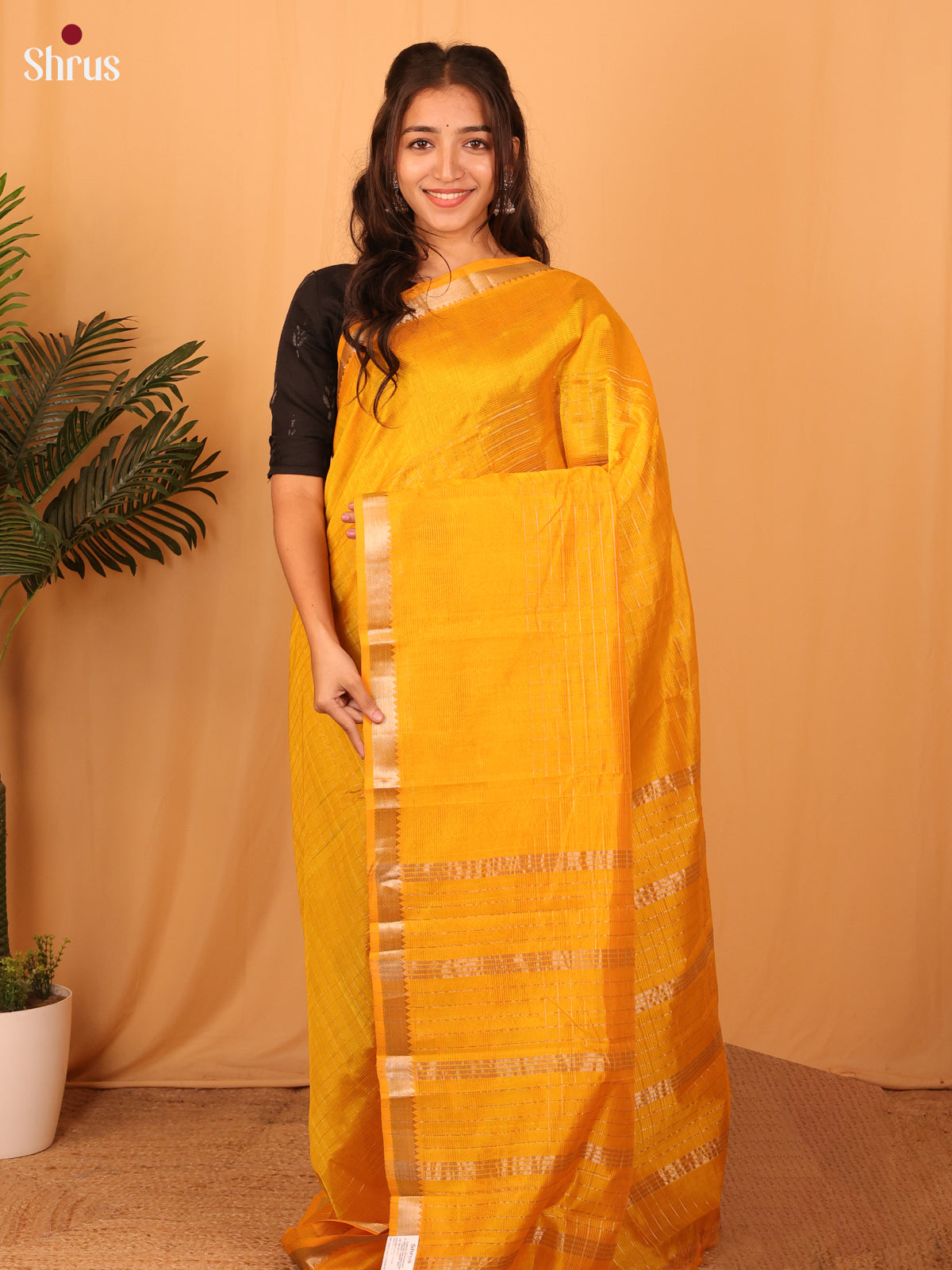 Mustard(single Tone) - Mangalagiri silkcotton Saree with Gold Zari Border - Shop on Shrus.com
