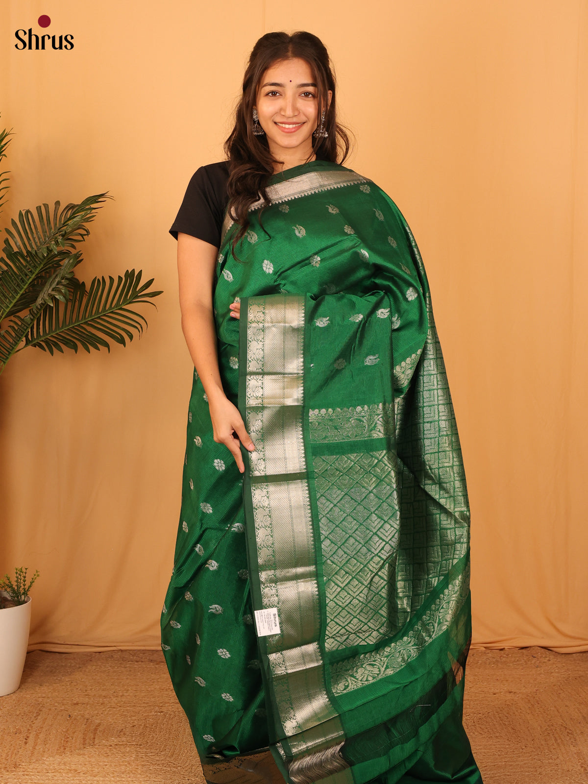 Green(Single Tone)- Mangalagiri silkcotton Saree with Silver Zari Border - Shop on Shrus.com