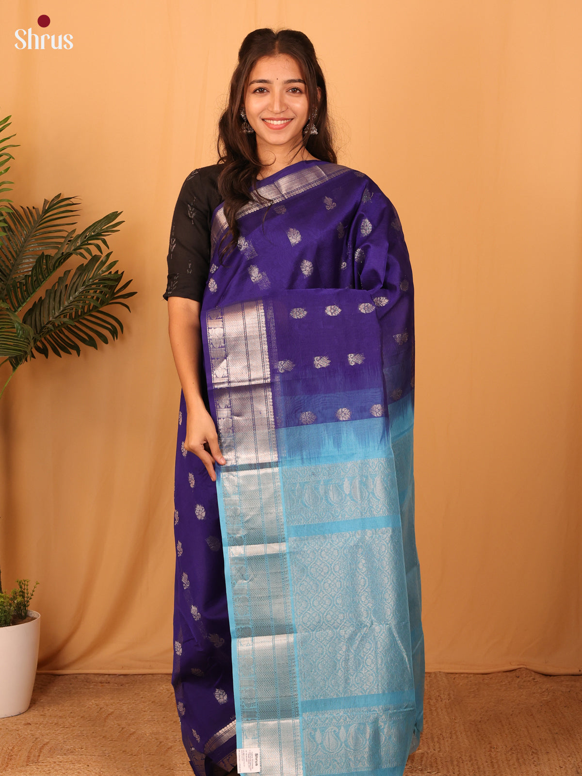 Violet & Blue - Mangalagiri silkcotton Saree with Silver Zari Border - Shop on Shrus.com