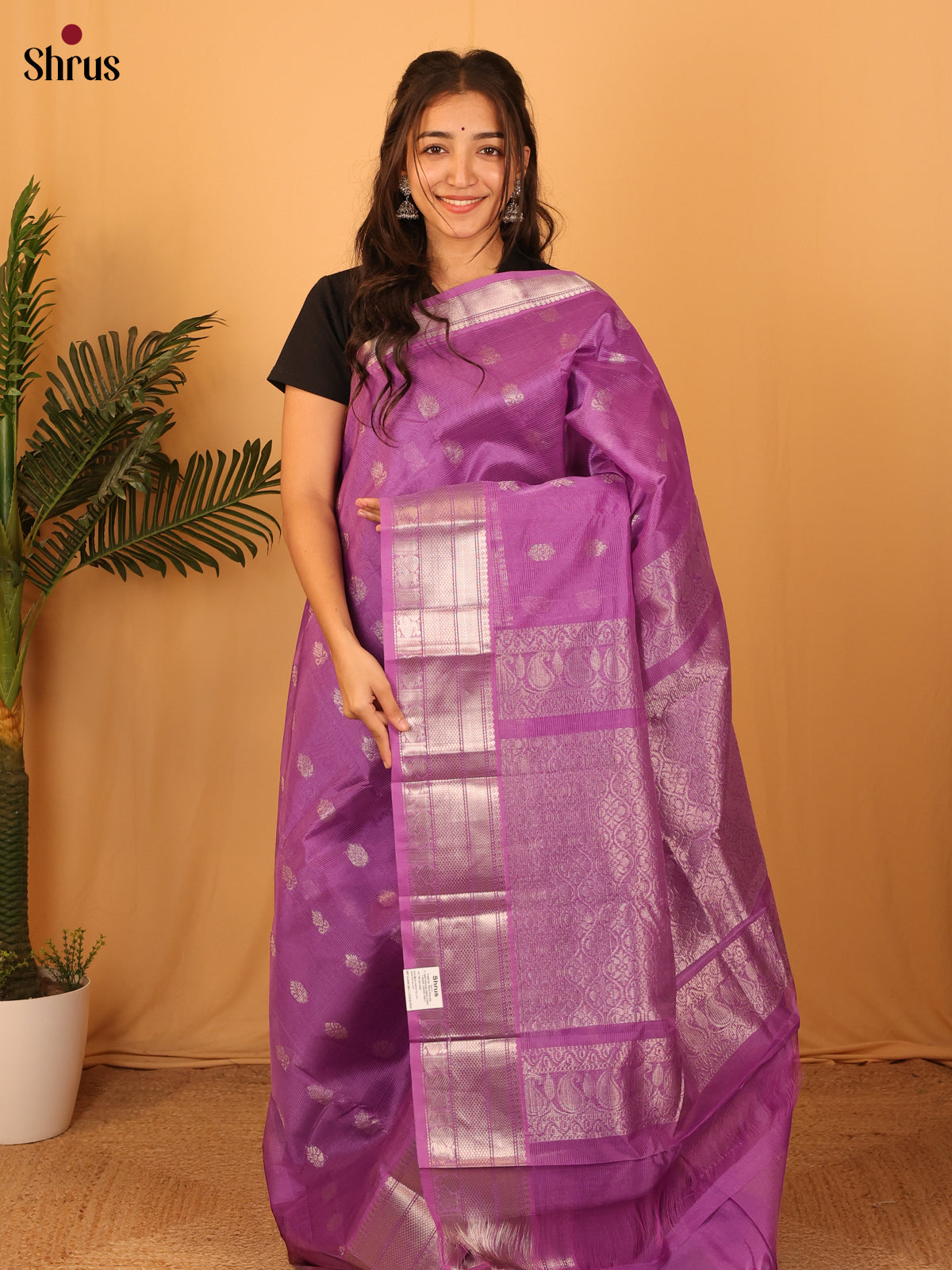 Lavender - Mangalagiri silk cotton Saree with Silver Zari border - Shop on Shrus.com