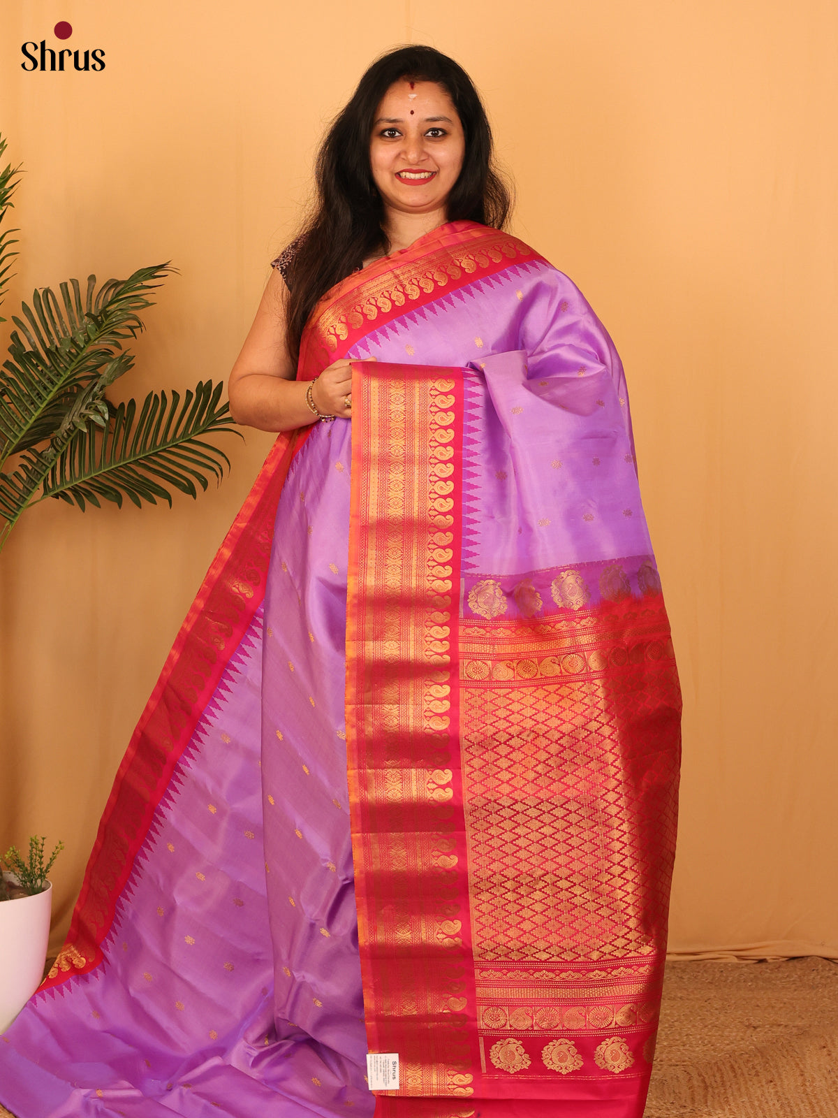 Chic Lavender and Red Gadwal Silk Saree with Zari Buttas & Brocade Pallu