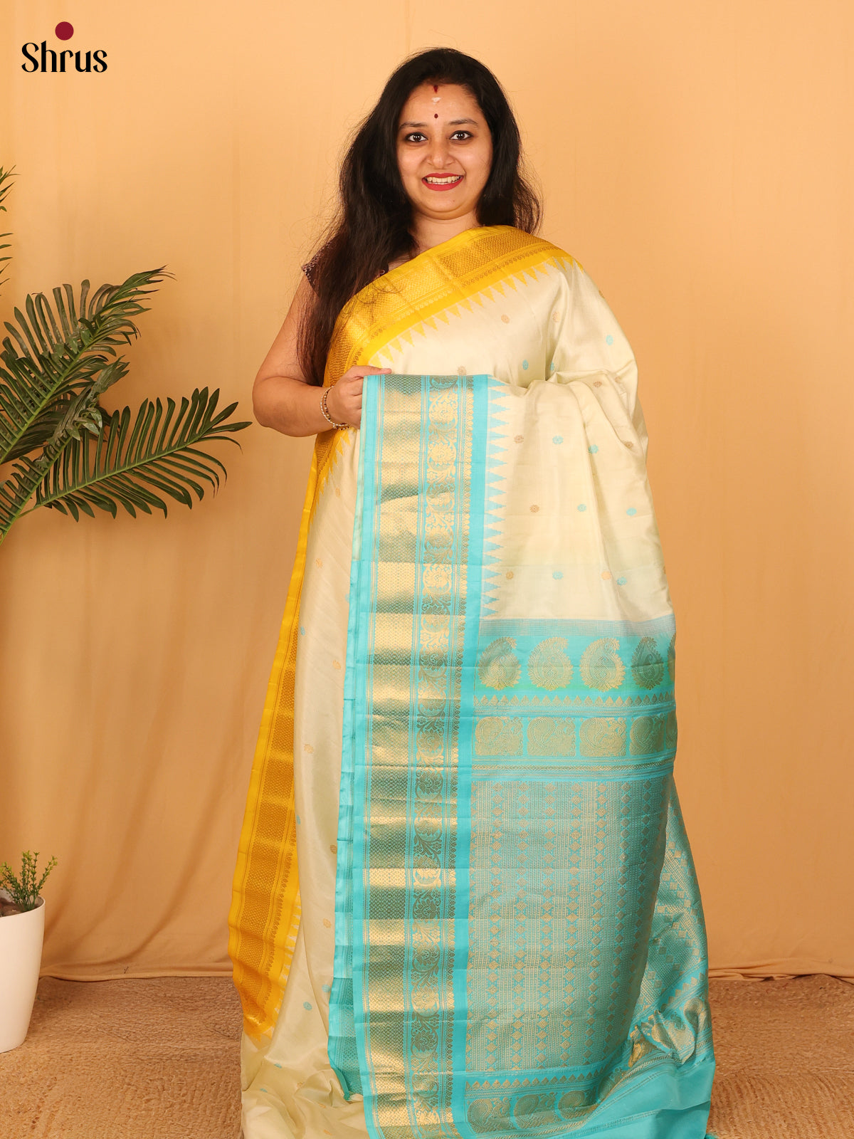 Cream & Teal - Gadwal silk Saree - Shop on Shrus.com