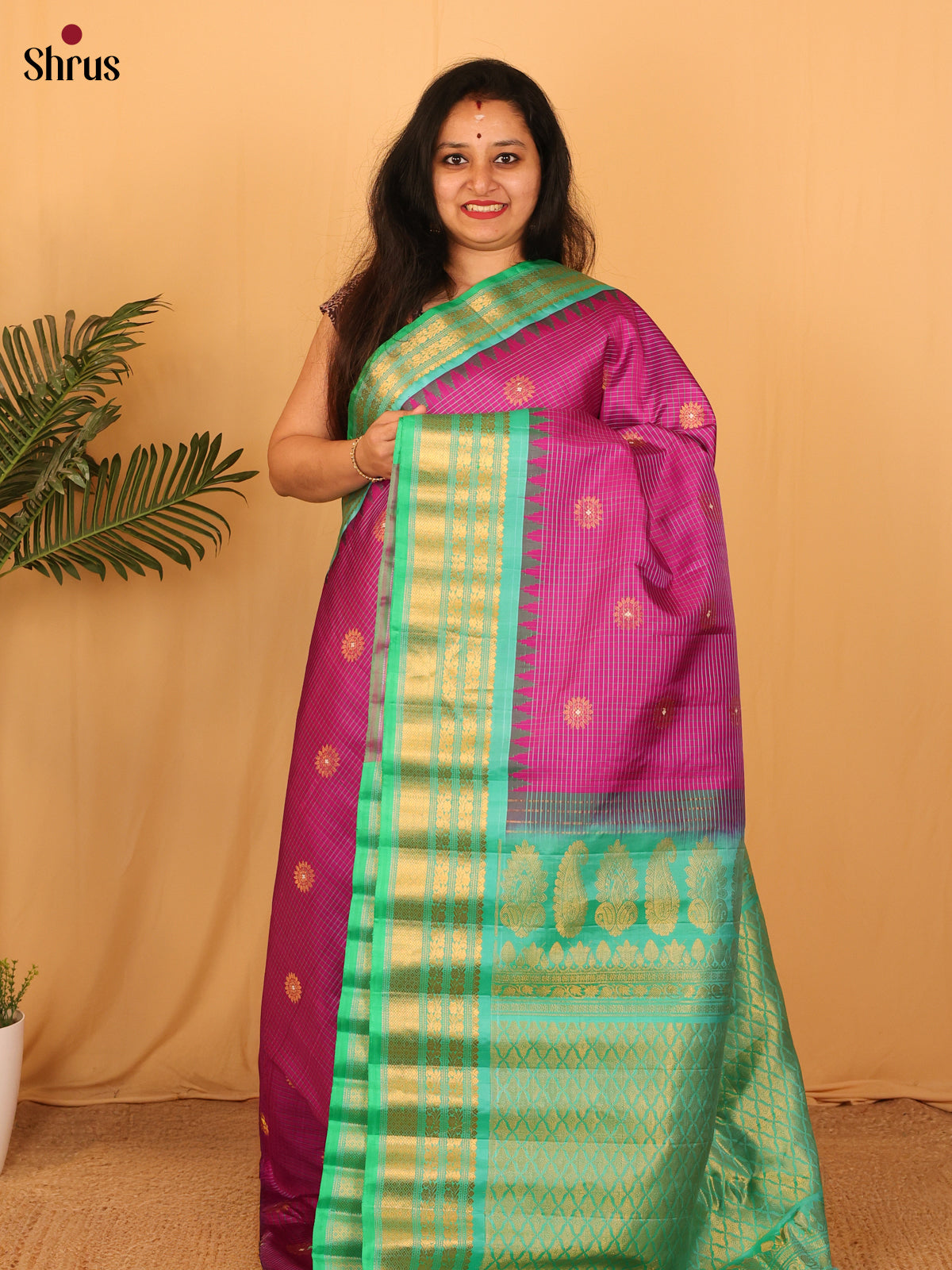 Vibrant Purple Gadwal Silk Saree with Zari Buttas & Green Zari Border