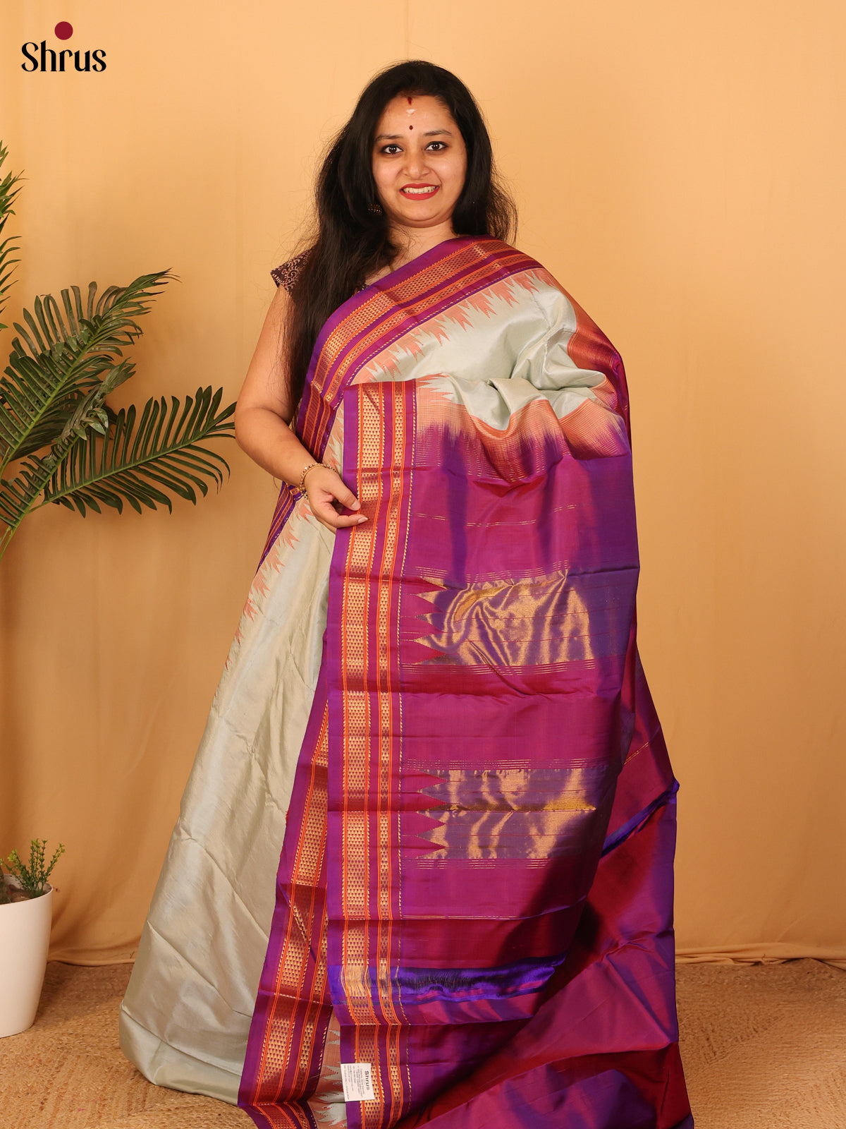 Cream & Purple- Gadwal silk Saree - Shop on Shrus.com