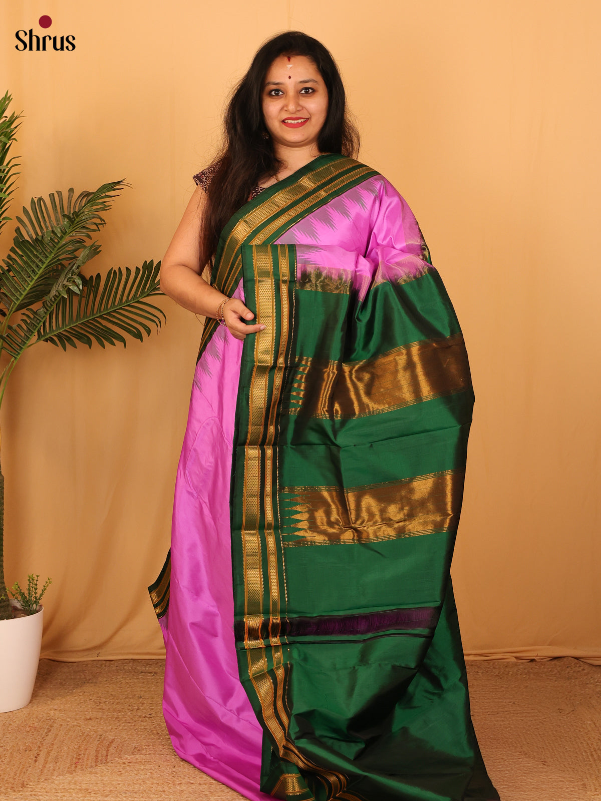 Chic Pink Gadwal Silk Saree with Rich Zari Work and Green Zari Border