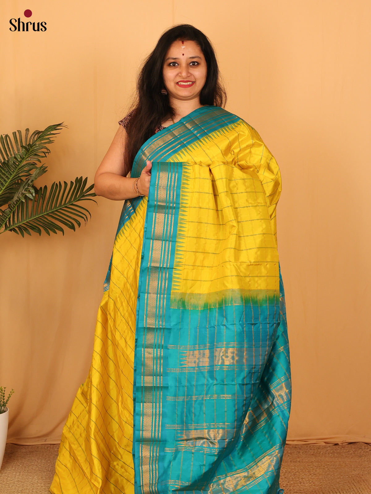 Yellow & Teal - Gadwal silk Saree - Shop on Shrus.com