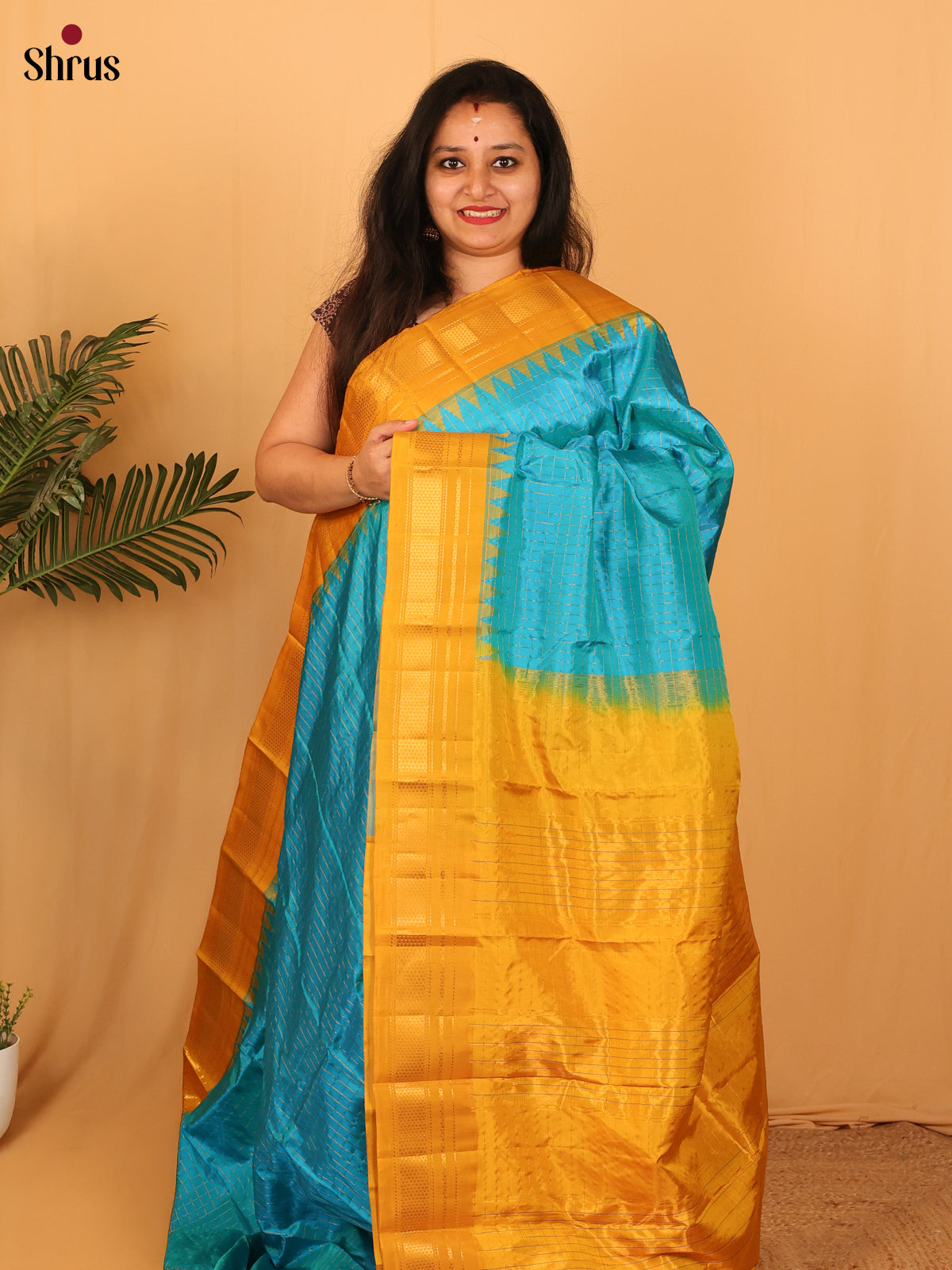 Blue & Mustard - Gadwal silk Saree - Shop on Shrus.com