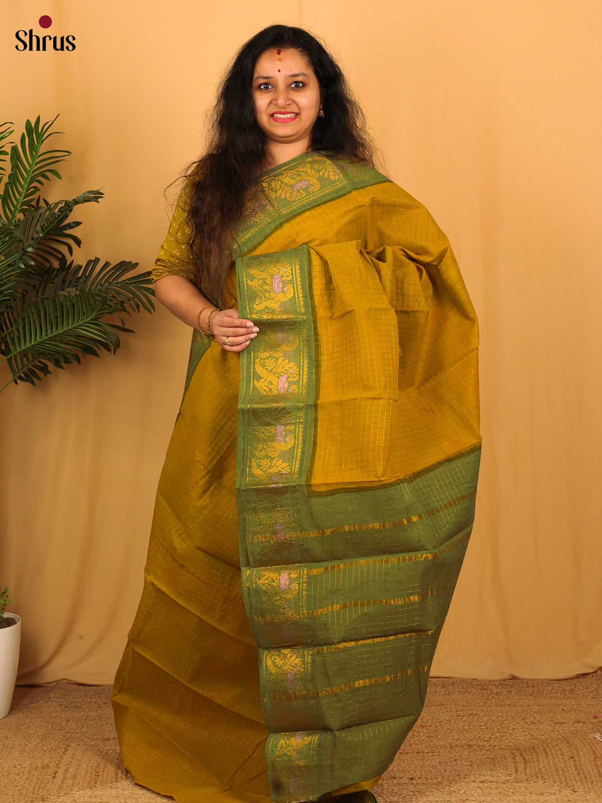 Mustardy Green & Green - Sungudi Cotton Saree - Shop on Shrus.com