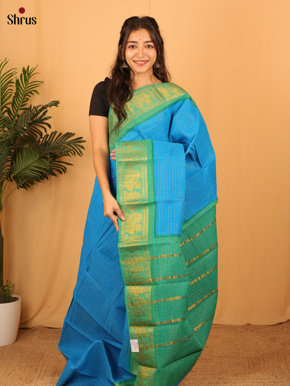 Blue & Green - Sungudi Cotton Saree - Shop on Shrus.com