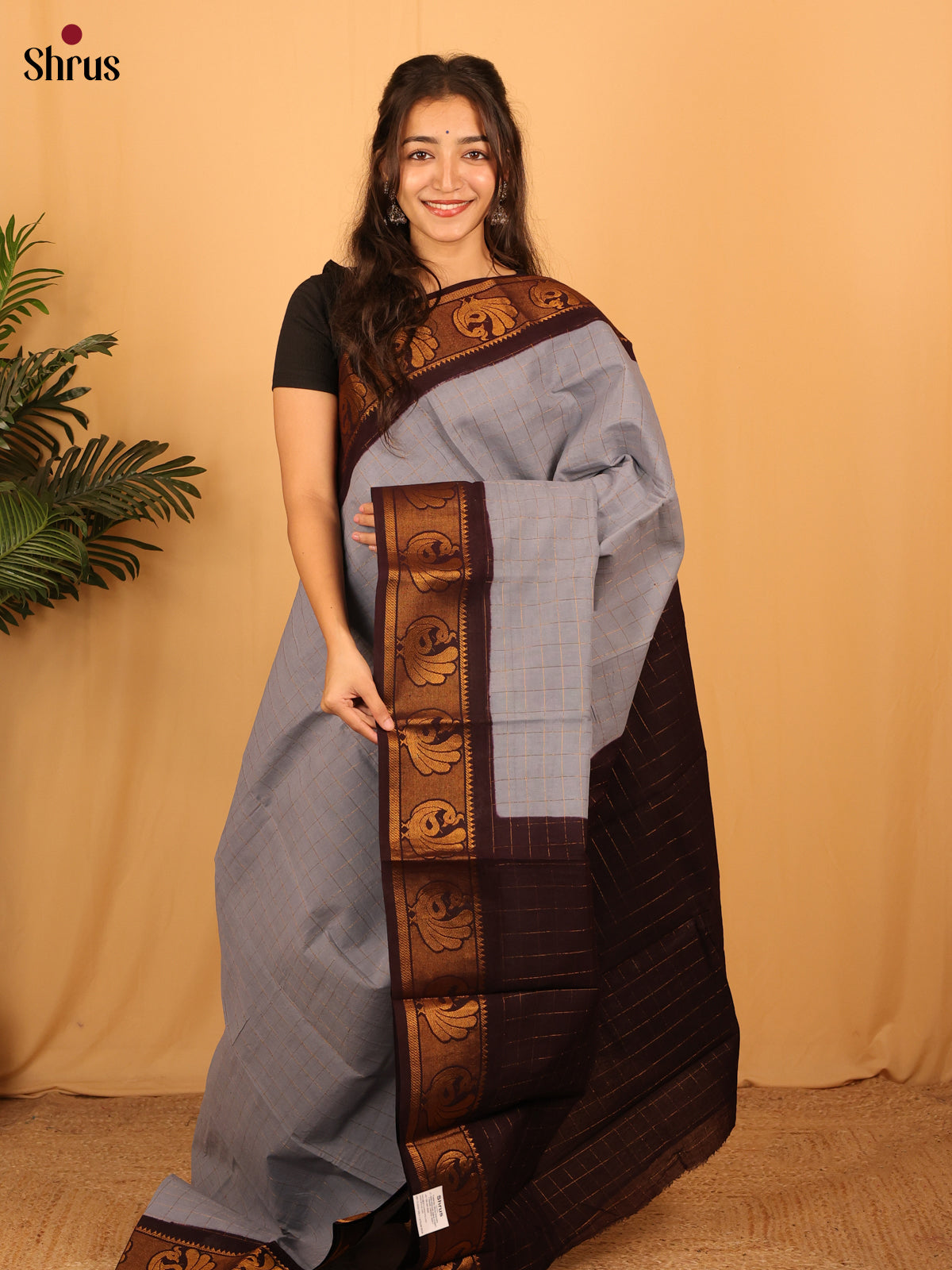 Grey & Brown - Sungudi Cotton Saree - Shop on Shrus.com