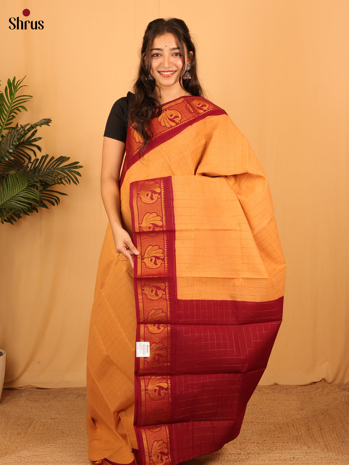 Peach & Maroon - Sungudi Cotton Saree - Shop on Shrus.com